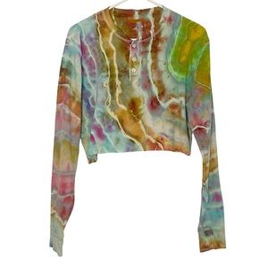 Handmade Geode Tie Dye Crop Thermal Henley Top Womens Size Medium Large Shirt